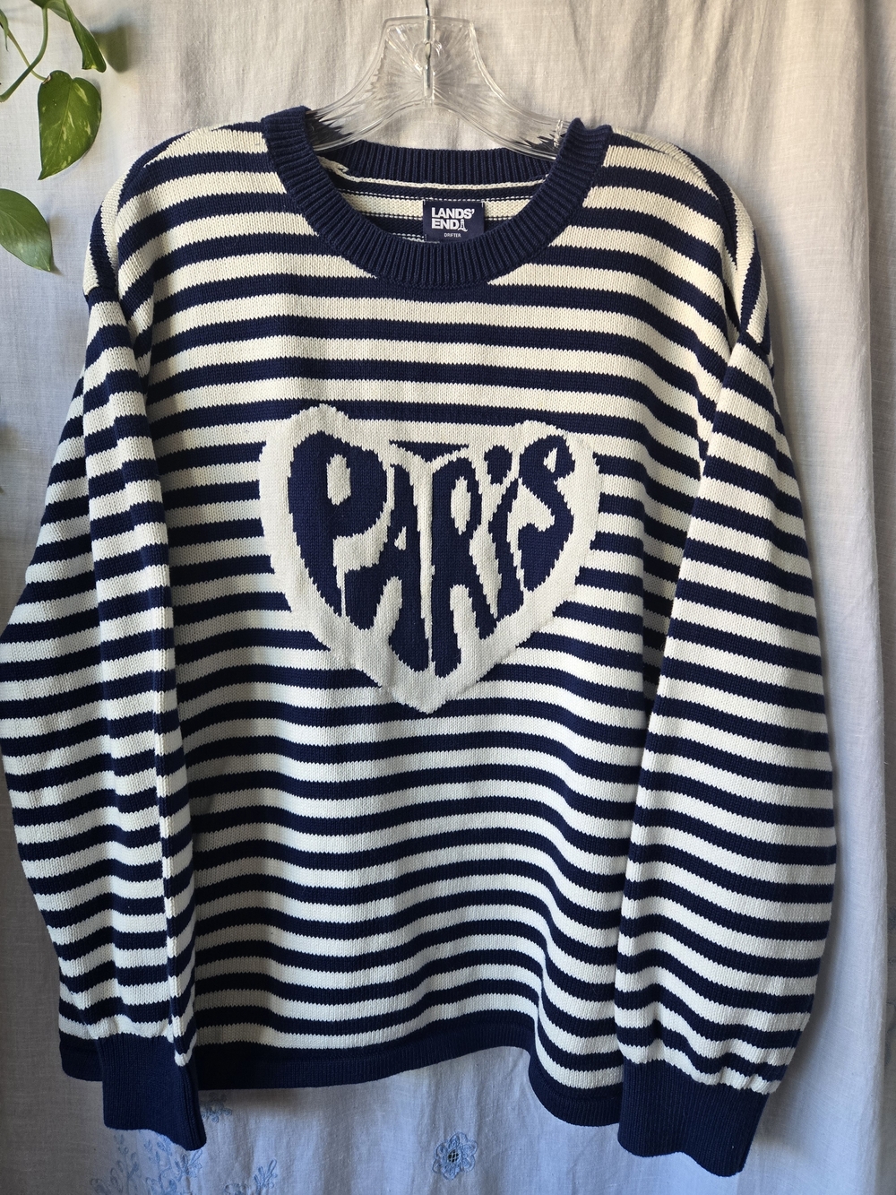 Lands' End Navy and White Striped Sweater with 'Paris' Heart